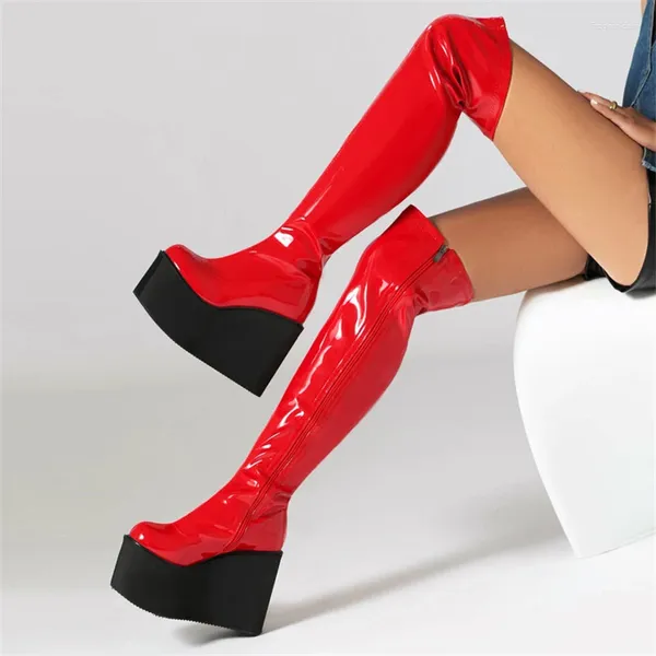 Stiefel sexy Oberschenkel hohe Frauen runde Zehenplattform Overknee Keile Super Heels Botines Seite Reißverschluss Zapatos Mujer