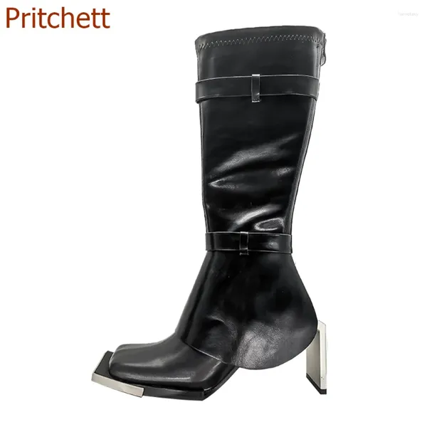 Stiefel Strange Style Square Toe Women Metal Dekoration Feste Knie High Lotus Tube Mode Herbst Ankunftsschuhe Schuhe