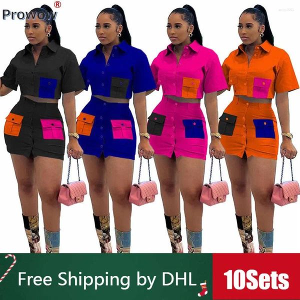 Arbeitskleider 10Sets Bulk Casual Rock Sets kontrastierende Farbpatzentaschen Shirt Button Röcke Sommer 2 Stück Frauen Outfit Großhandel Großhandel