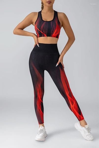 Aktive Sets 2pcs Yoga Set Frauen 3D Red Fire Print Crop Top High Taille Hippe Leggings Training Fitnessstudio Outfits Sport Fitness Running Anzug