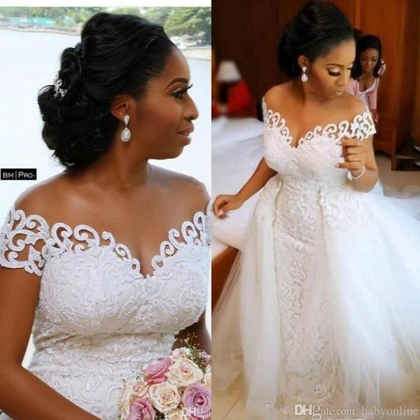 2020 Потрясающие африканские нигерийские свадебные платья русалки с съемным поездом Полное кружевное аппликация прозрачная с коротки
