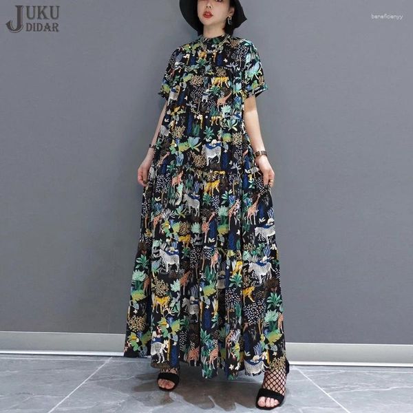 Partykleider 2024 Sommerfrau Grüne Tiergedruckte Langes Hemd Kleid Lose Fit Große Größe Casual Holiday Korean Style Robe JJXD463