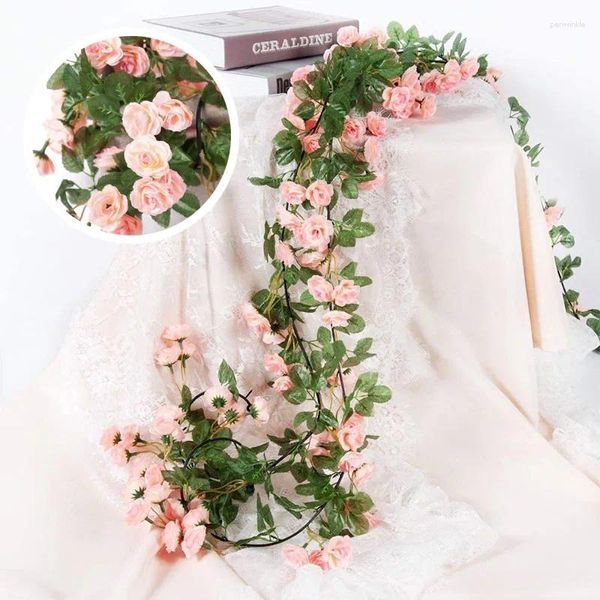 Dekorative Blumen 16ft gefälschte Rose Weinschnur Pflanzen künstlich für Hochzeits Heimparty Garten Kunsthandwerk Weiß Pink