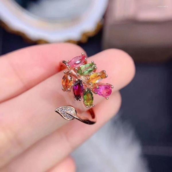 Anelli di cluster anelli di tormalina naturale multicolore per festa totale da 1,6 ct di regalo d'argento