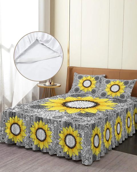 Gonna da letto girasole bohémien mandala nera elastico elastico letto aderente con foglio di copertina del materasso per materasso