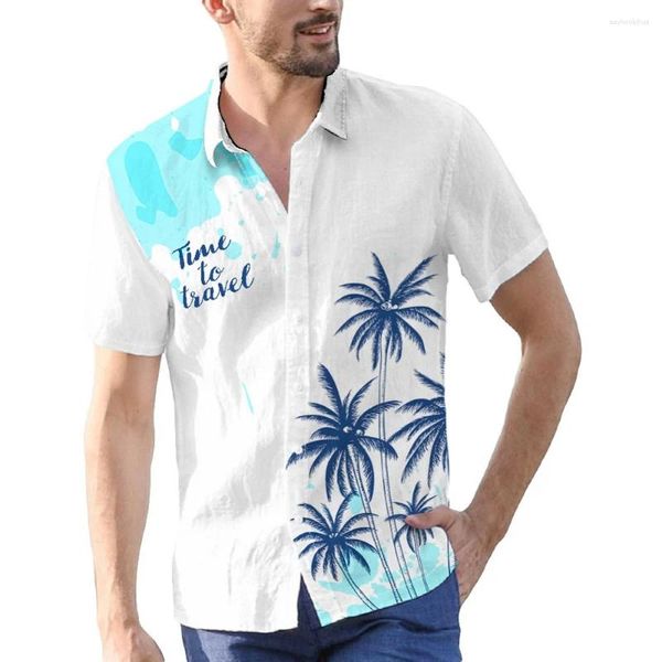 Herren lässige Hemden Kokosnussbaum und Buchstaben Digitaldruck Kurzarm Button Down Sommer Hawaiian Shirt Resort Urlaub Leisurewear