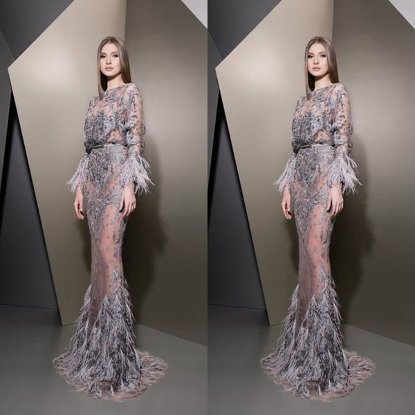 Ziad Nakad 2019 Abiti da sera Gioiello Manghi di pizzo Mlace Long Illusion Feather Prom Gowns lussuoso Punta per feste a sirena su misura Dres 307K