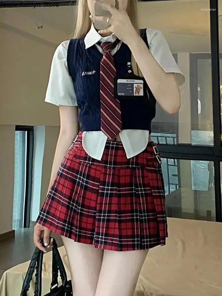Kleidungsstücke Japan Fashion Kawaii School Uniform Frauen Korean süße Anime-Studentin Mädchen Cosplay V-Neck Pullover Weste und Minirock