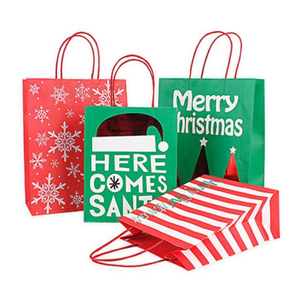 Noel kağıt hediye çantası ile kırmızı yeşil kraft kağıt torbalar şerit kar tanesi baskı xmas hediye kağıt torba tatlılar şeker torbası dbc 5387309