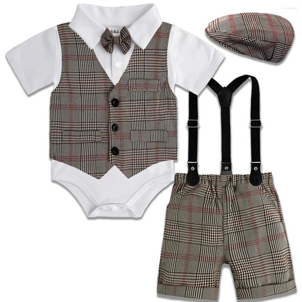 Roupas Conjuntos de roupas Meninas Cavalheiro Roupa Infantil Infantil British Vintage Criança Plaid Casamento Party Festes Presente de 4 PCs