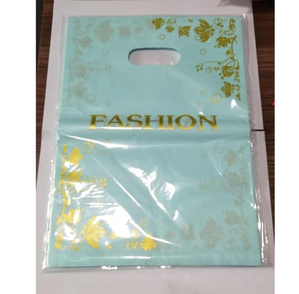 50pcs 2535 cm Gold Blumen Design Blaues Plastikgeschenkbeutel Kleidung Boutique Verpackungstaschen große Plastik -Einkaufstaschen mit Griffen 1068028