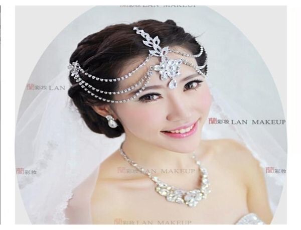 Accessori per capelli indiani cristallini placcati in argento Catena da sposa della fronte della testa di matrimonio 2107015125575