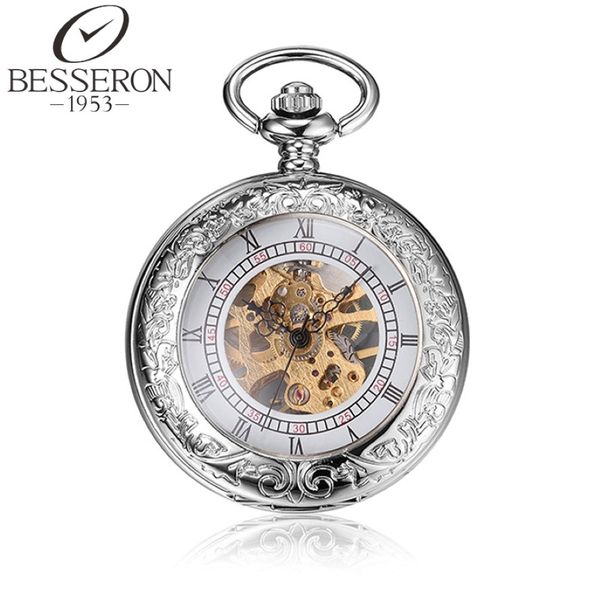 Relógios de bolso Besseron Reloj steampunk mass titânio relógio mecânico pingente vintage cadeia de prata OROLOGIO da tasca 318E