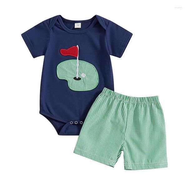 Roupas para roupas de menino de menino de menino de golfe 1º aniversário shorts xadrez de traje 2pcs Conjunto casual de verão nascido em casa