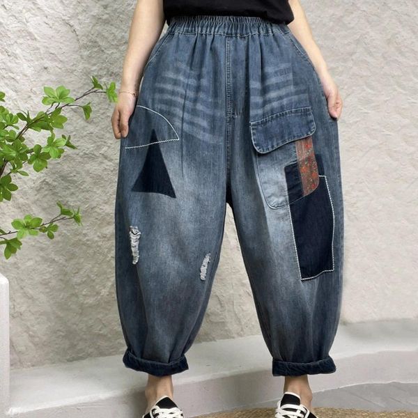Jeans femininos Mulheres casuais estilo étnico lavado calça capri simples e elástica as leggings embelezadas para jeans de algodão