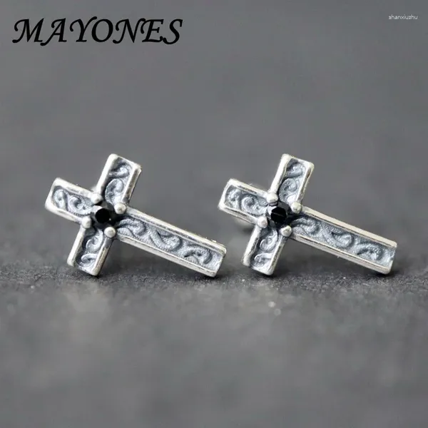 Brincos do garanhão Reals925 Sterling Silver Charm Jewelry Masculino e feminino Vintage Black Zircon Cross Thai