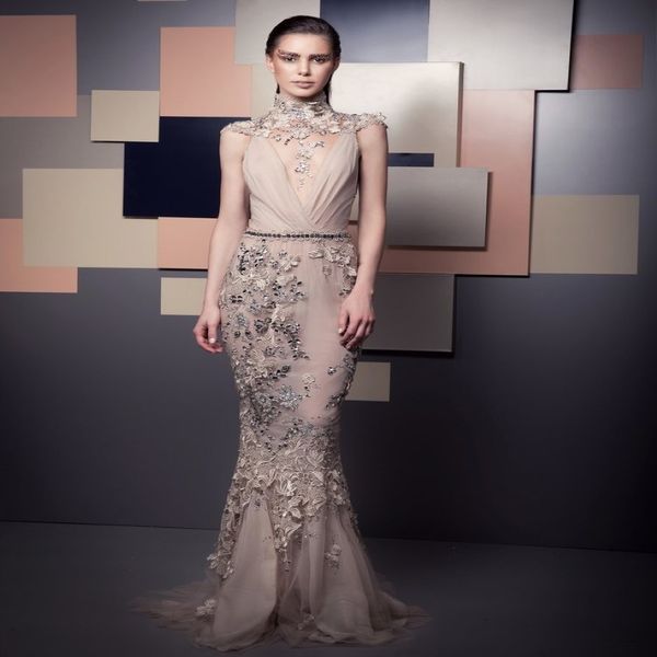 Champagne Ziad Nakad Mermaid Abiti da sera in rilievo Abiti ad alto pizzo Appliqued Lunghezza abiti da ballo di tulle Abito formale con paillettes 2468