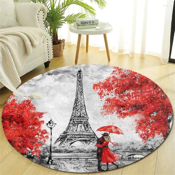 Teppiche Paris European City Landschaft rotes Blatt Eiffelturm Straßenlampe umarmt auf Vintage Black White Round Teppich