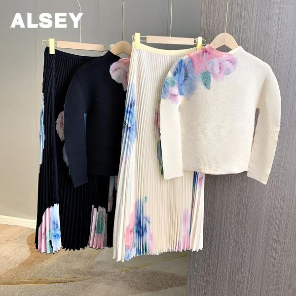 Abiti da lavoro Alsey Miyake Piegato due PC Set Outfit casual Donne Vintage Eleganti pullover con stampa floreale Top A-Line Midi Long Gonne set
