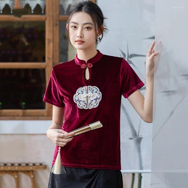 Magliette da donna femminile maglietta cinese in stile cinese stabilimento collare a maniche corte tops sciolte chic Cheongsam Burgundy