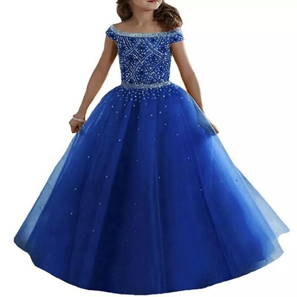 Royal Blue Off Spalle Tulle Flower Girl Abites Crystals Corset Back Forte Lunghezza per ragazze abiti da concorso