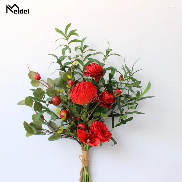 Flores decorativas Meldel Meldel Artificial Silk Rose Flower Bride Wedding Bouquet Red Leucospermum Supplies Supplies