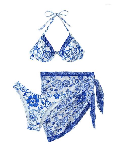 Damenbadebekleidung Frauen Bikini Set Blumenblau und weißes Porzellan-Druck-BH-Slips mit Tie-up-Rock Badeanzug 3-teiliger Badeanzug