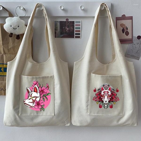 Sacolas de compras, moda de estilo japonês da moda Tote Tote de grande capacidade Máscara de desenho animado Padrão Imprimir bege reutilizável casual