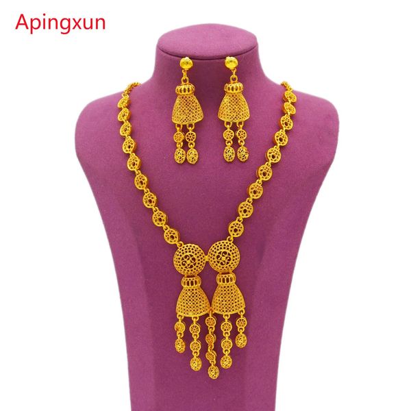 Apingxun Design Double People 24K Золотой колье с серьгами из ювелирных украшений французский Великобритания Женщины свадебная мама подарки 240506