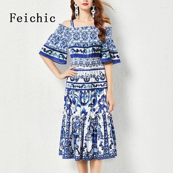 Vestidos de festa Feichic Autumn Summer Fashion Design Mulheres pista High Street Street Sicily Vintage Print Blue Print A-Line Elegant Midi Dress Vestidos Z