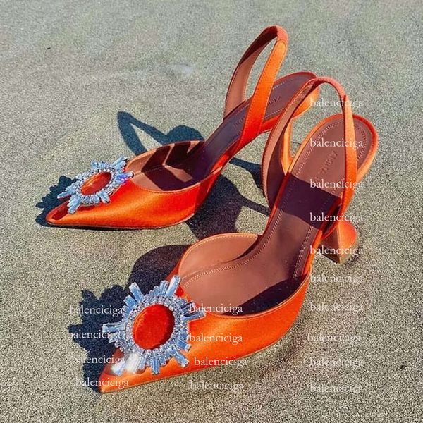AMINA MUADDI Pompe color fibbia in cristallo scarpe scarpe arancione tacchi a bobina sandali Designer di lusso da donna Sandalo SLINGBACK SHINGBACK con scatola
