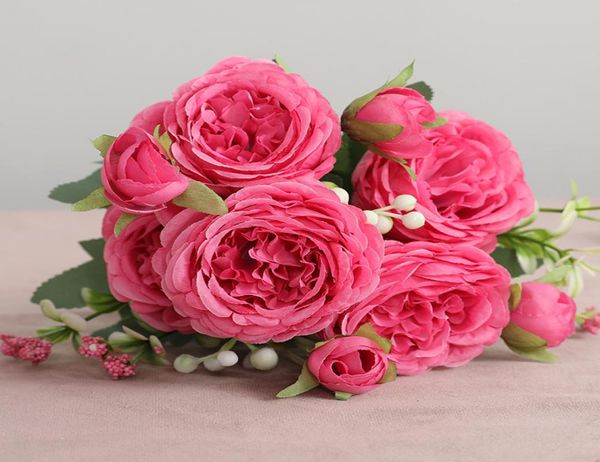 30 cm di seta rosa di seta artificiale Fiori artificiali bouquet 5 grande testa e 4 boccioli fiori finti per decorazione per matrimoni domestici interni in tenuta 9525903