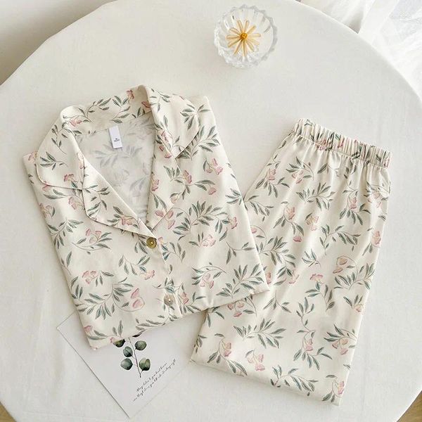 Домашняя одежда Pijama цветочный принт женский пижама наборы лацка белая сексуальная нижняя одежда пижамы пижамы ночная одежда
