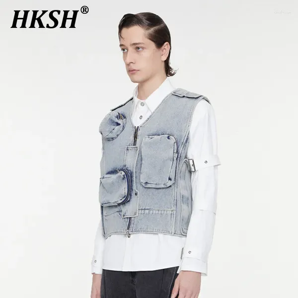 Erkek yelekleri hksh bahar yaz gelgit şık niş tasarım denim yelek 3d cepler kamisole punk tank üstleri eklenmiş patchwork yelek hk1295