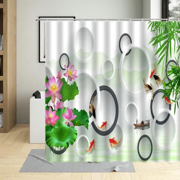 Duschvorhänge 3d moderne Blumen im chinesischen Stil Tier Vorhang Lotus Karpfen Home Badezimmer mit Haken Dekoratives Stoffwaschstoff Stoff
