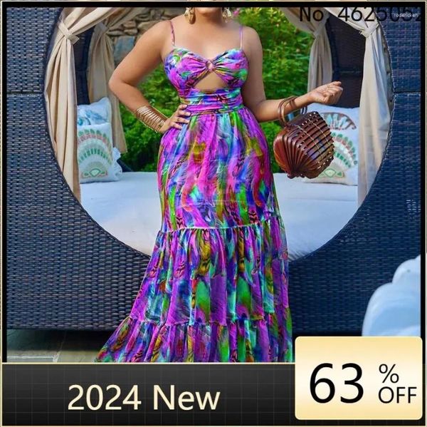 Roupas étnicas elegantes Sling Plus Size Size Printing Sexy Moda Backless Boho Beach Mixi Robe Femme ete Leisure férias vestidos