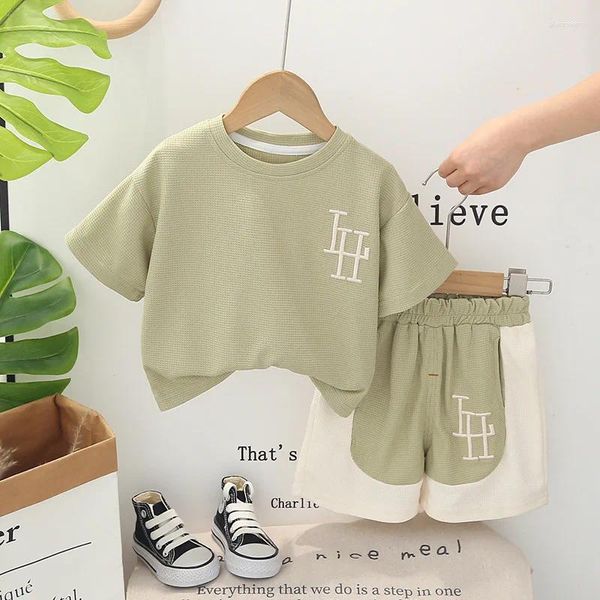 Одежда набор детей Лето 2024 Корейская модная вафельная буква с коротким рукавом футболки с коротким рукава