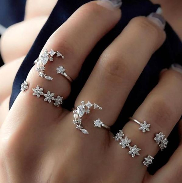 5 Set Europe и America Fashion Set Ring Star Crystal Midi Midi Midi Fingle Wedding Festival Rings for Women Jewelry Gift7741563