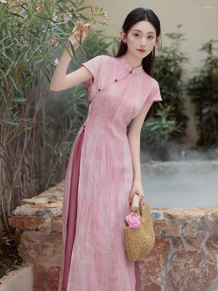 Ethnische Kleidung chinesischer nationaler Stil Schöner rosa Cheongsam weibliches Temperament Kleid Zen Anzug Weitbein Hose zweiteiler