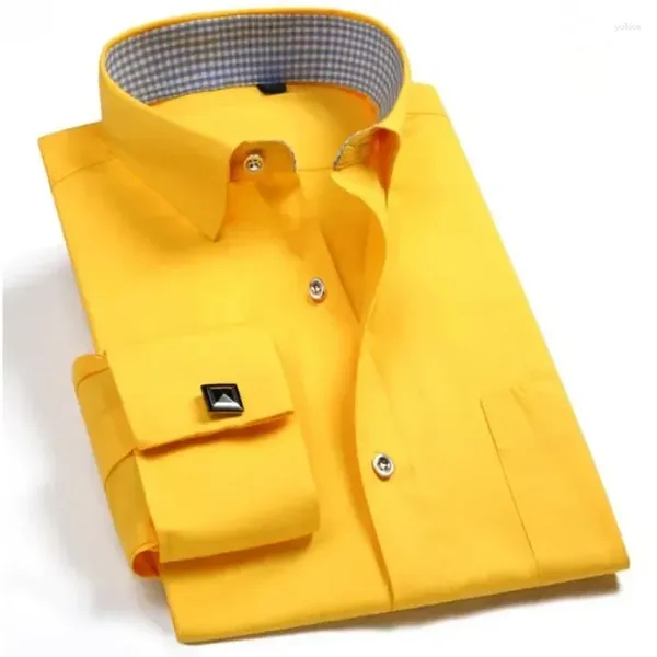 Camicie da uomo 2024 M-6xl Shirt cuffia francese giallo-Pulsanti di business formale a maniche lunghe bianche-viola nere