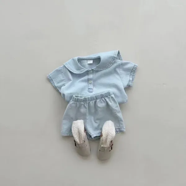 Giyim Setleri 2024 Yaz Boy Boy İnce Denim Giysileri Set Bebek Kız Kısa Kollu Donanma Yaka Üst kısımlar Şort 2 PCS Takım Toddler Kıyafetler