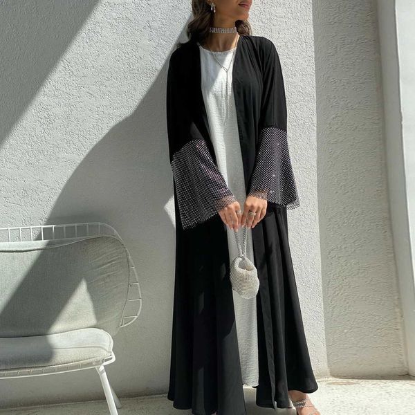 Ethnische Kleidung 2024 Neuer muslimischer Ramadan Eid Schwarz Open Kimono Abaya Elastischer Bohrnetz Shalwar Kamz Freizeit losen marokkanischen Golf Frauen Robe T240510