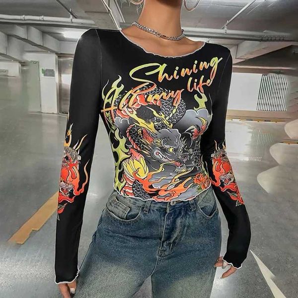 T-shirt femminile cutenova Women Fire Dragon T-shirt Cina tradizionale o collo fulmine fulmine fluriere molla sottofondo