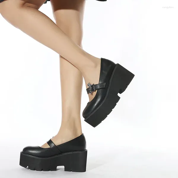 Sapatos de vestido 8 cm de salto 2024 mola de primavera elfo dinâmico muffin grossa de baixo para mulheres rasas versátil lhx