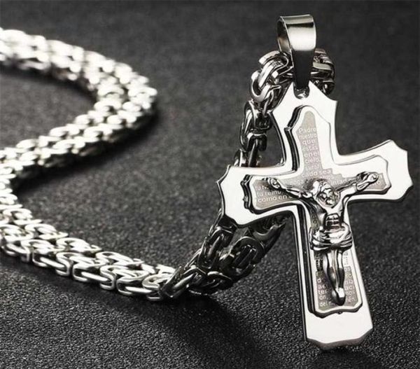 Colore argento biblico Gesù Cross in acciaio inossidabile Collane di pendenti byzantino Collana a catena lunga per uomini gioielli Colar Collier 22011238417