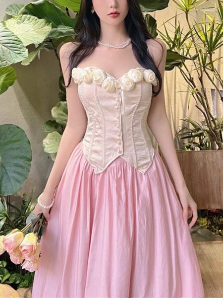 Abiti da lavoro Francia Vintage Elegante abito a due pezzi Floral Sweet Corset top rosa gonna alta gonna di abbigliamento in stile coreano set estate 2024