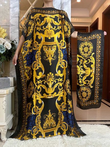 Vestidos urbanos sexy Novo vestido de seda de moda africana para mulheres abaya com cachecol maxi bazin vintage long slve robe vestidos