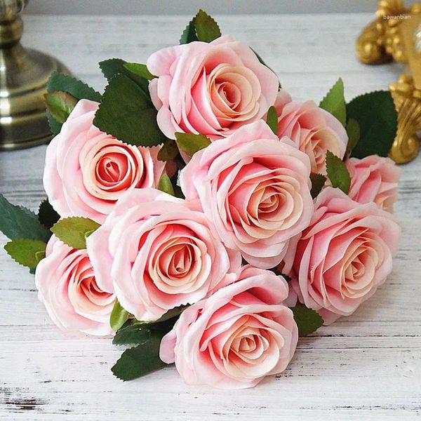 Flores decorativas 10 cabeças de rosa artificial Casamento de rosa Buquê de flores falsas para a decoração de jardim doméstico Florals