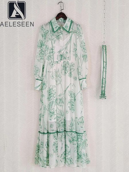 Повседневные платья элегантные длинные платья рубашки Женщины весенняя дизайн мода поворотный воротниц зеленый цветочный пояс однобортный самка