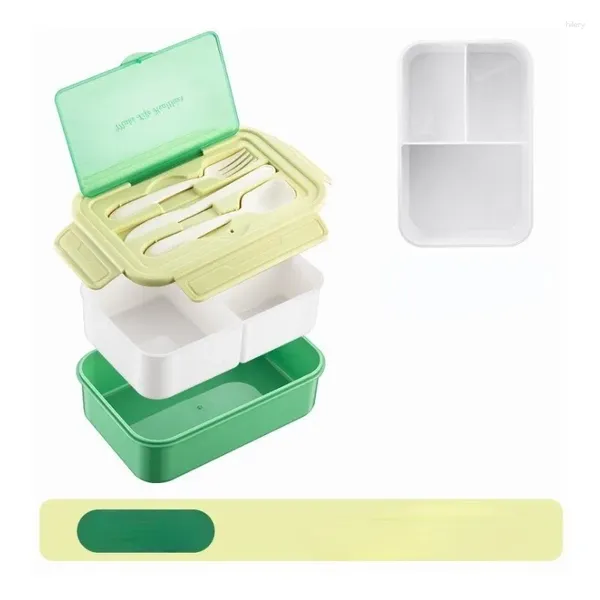 Abendessen zwei Schichten Lunchbox 3 Grids School Bento mit Besteck Home Kitchen Accessoires Container 1100 ml